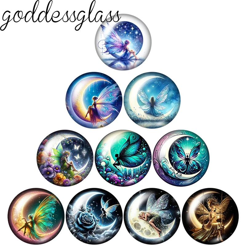 Moon Night Fairy Girl Dreaming Beauty Wings 12mm/18mm/20mm/25mm Round Photo Glass Cabochon Flat Back Making Finding Jewelry