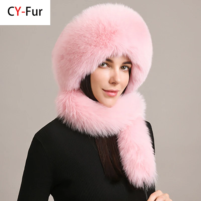 2024 New Women's Real Fox Fur Hat Scarf Mongolian Bomber Hat Ladies Winter Warm Fox Fur Earflap Caps Russia Winter Real Fur Hat