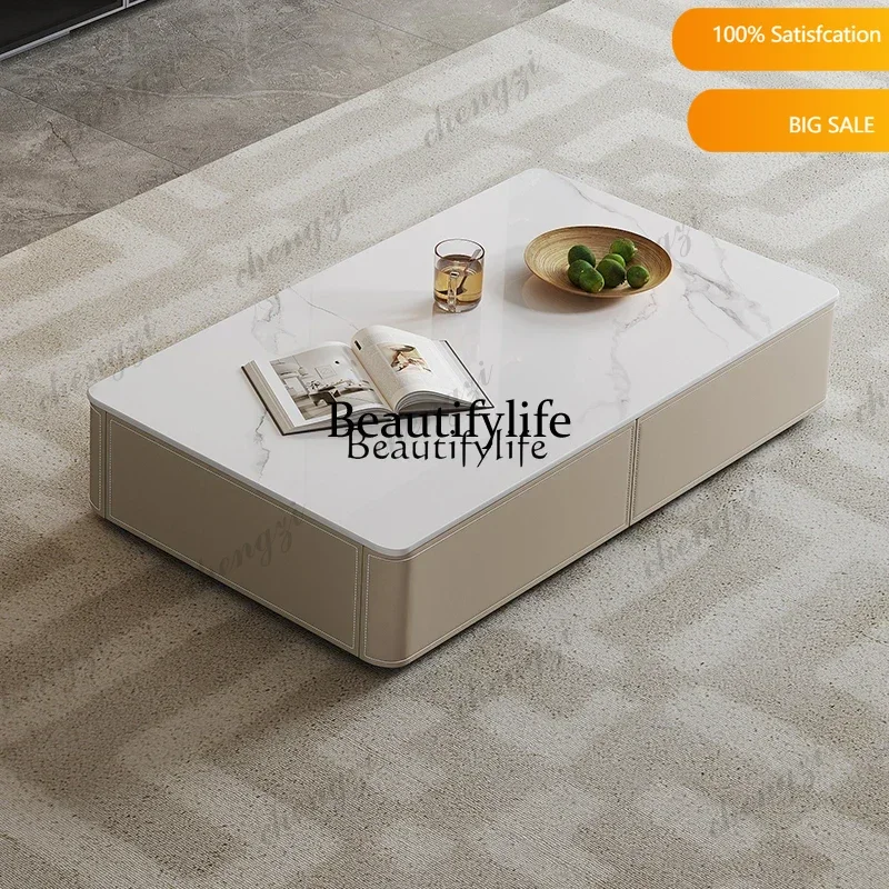 04Saddle leather coffee table simple modern living room household storage solid wood rock slab rectangular floor cabinet small