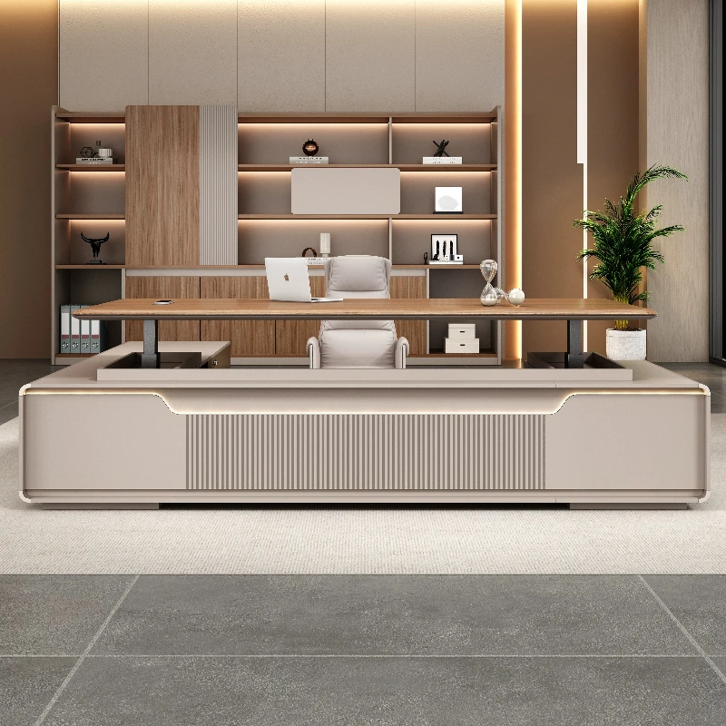 Electric Height Adjustable L‑Shape Executive Desk Modern Sit‑Stand Office Desk with Side Cabinet & Built‑in Ambient LED Light