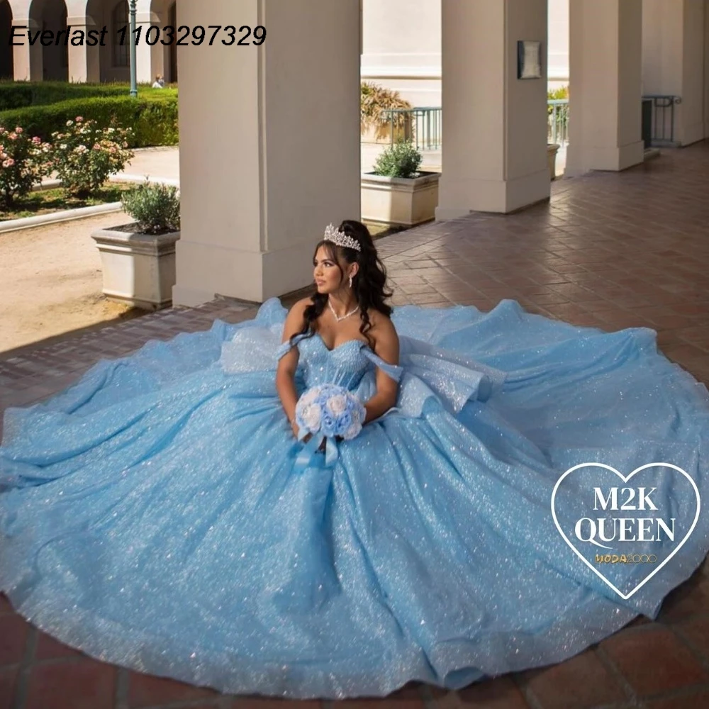 EVLAST Customized Mexican Shiny Sky Blue Quinceanera Dress Ball Gown Applique Beaded Bow Sweet 16 Vestidos De 15 Anos TQD775