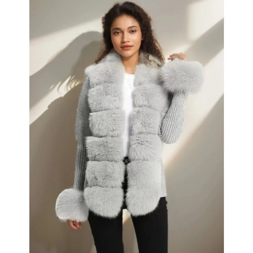 Autumn-winter Women\'s Fur Coat Luxury Patchwork Knitted Sweater Bandage Fur Cardigan Detachable Collar Jacket Fur Coat