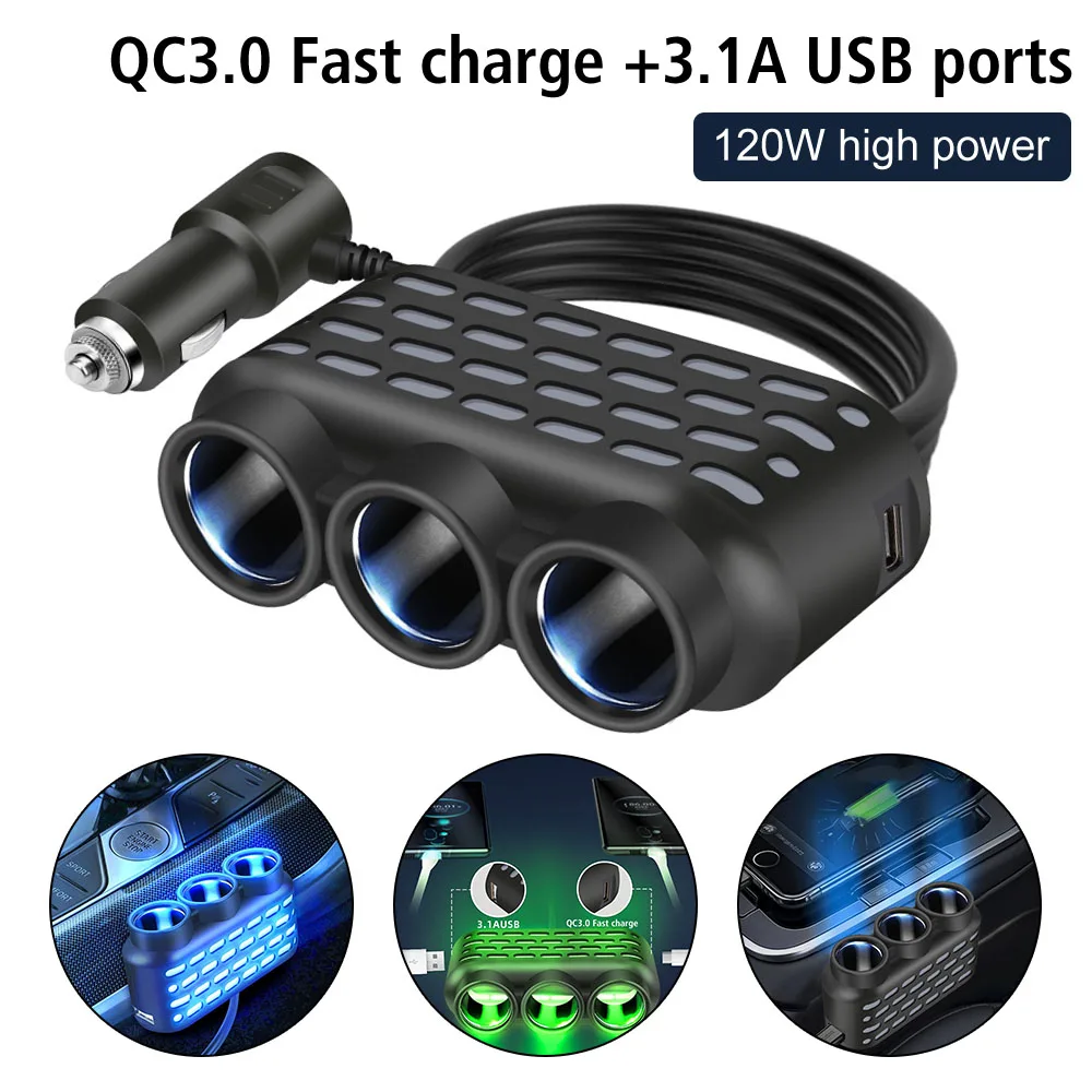 120W Splitter Multifunctional QC3.0 Quick Charge 12V 24V 3 in 1 Dual USB Socket For Phone IPad Car Charger Adapter