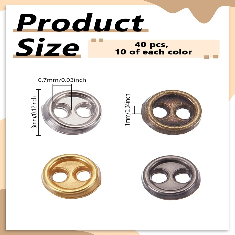 1set 40pcs 4 colors Alloy Mini Buttons 2-Hole Flat Round Cadmium Free  Lead Free Mixed color 3x1mm Hole: 0.7mm 10pcs/color