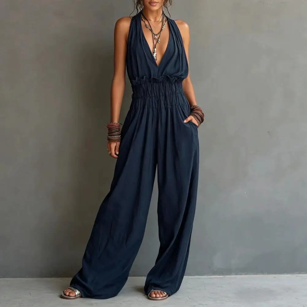 Women's Halter Jumpsuit, Deep V Neck Sleeveless Backless Wide Leg Rompers, Flowy Casual Beach One Piece Outfits with Pockets