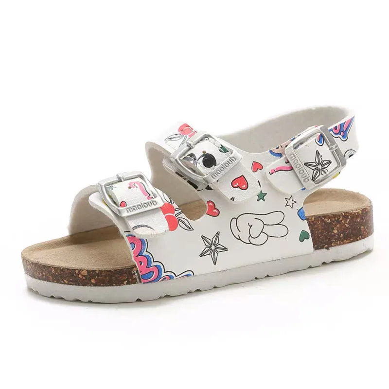 Summer Kids Sandals Cartoon PU Printing Leather Flat Heels Boys Cork Sandals for Girl Kids Toddler Buckle Strap Beach Slipper