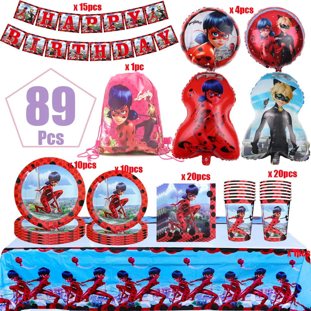 Décoration de fête d'anniversaire, insectes rouges de dessin animé, vaisselle, bannière, décoration de gâteau, ballon, fournitures de fête pour chat noir pour fille