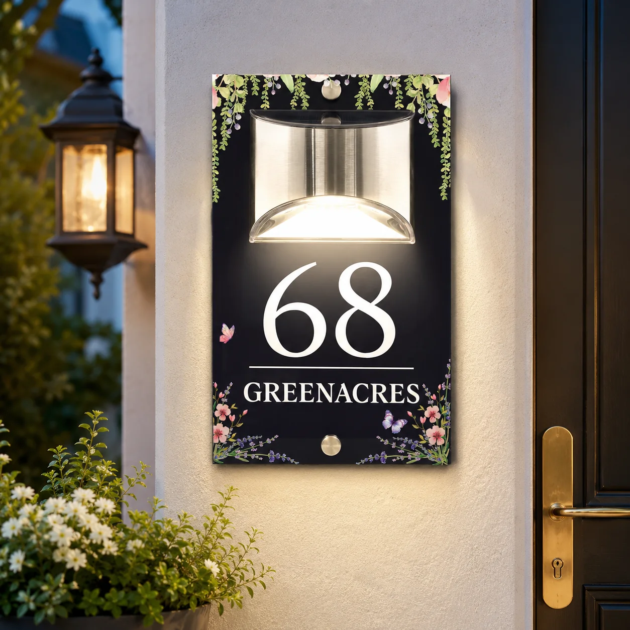 Personalized Custom LED Solar House Number Sign Waterproof Address Plaque with Floral Design Luminous Outdoor Wall Acrylic Plate