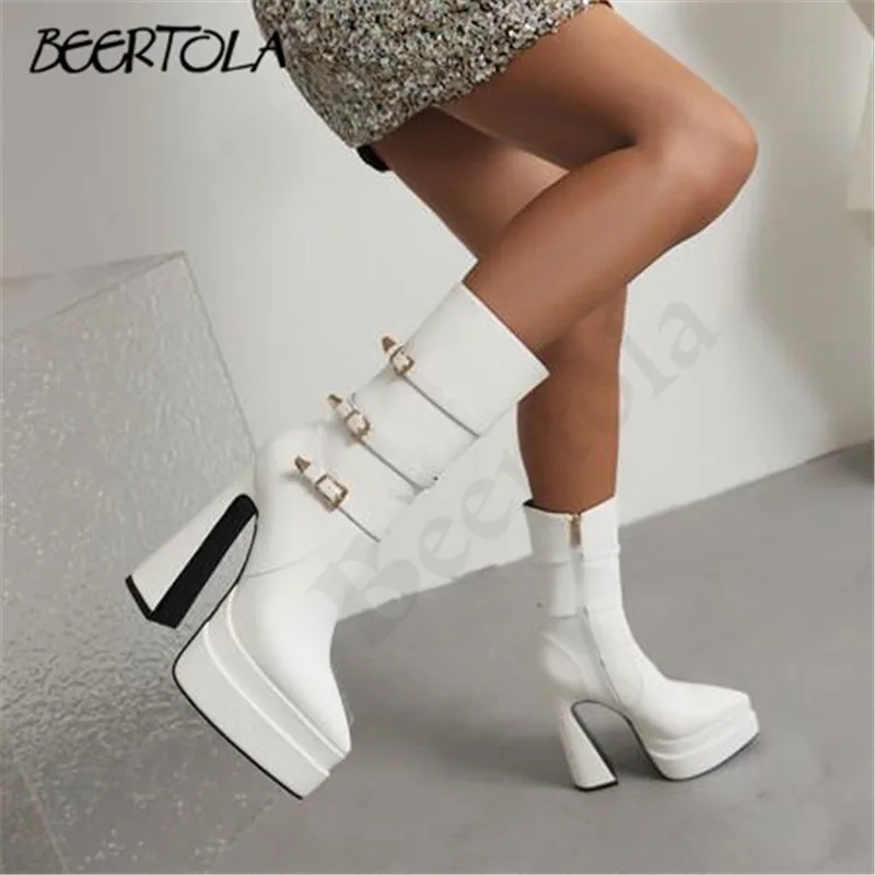 Women's Belt Buckle Pointed Boots Double-Layer Platform Ultra-High Heel Side Zipper Boots Large Size Casual Fashion Boots