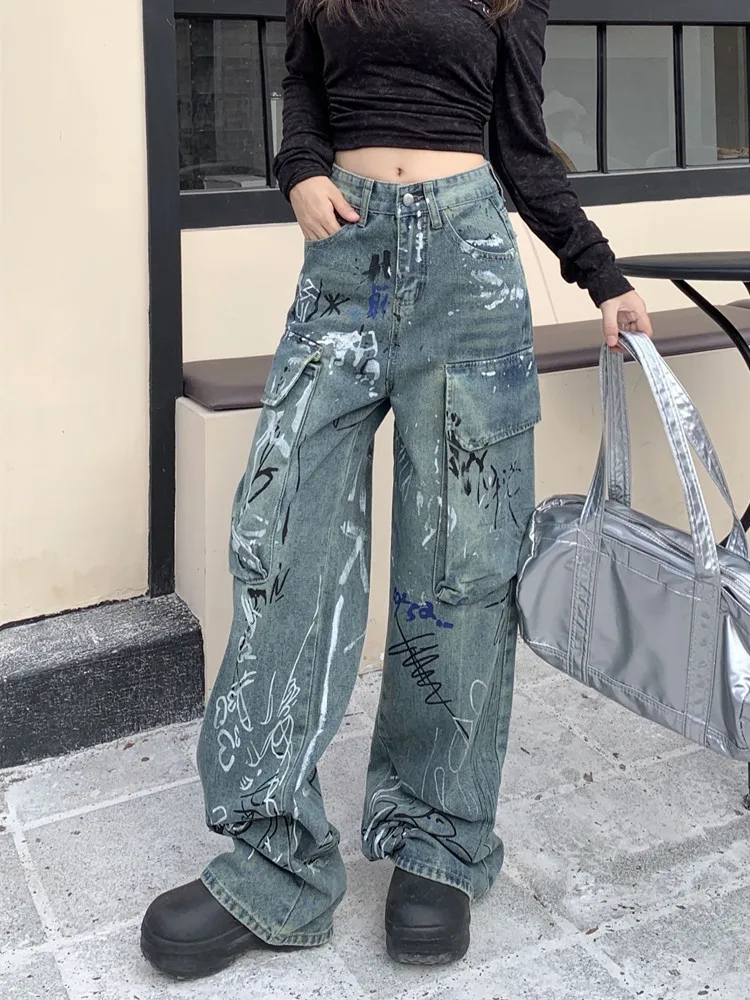 

2023 Cyber Y2K Graffiti Print Old Blue Baggy Cargo Jeans Pants For Women Clothing Straight Wide Leg Lady Denim Trousers Grunge