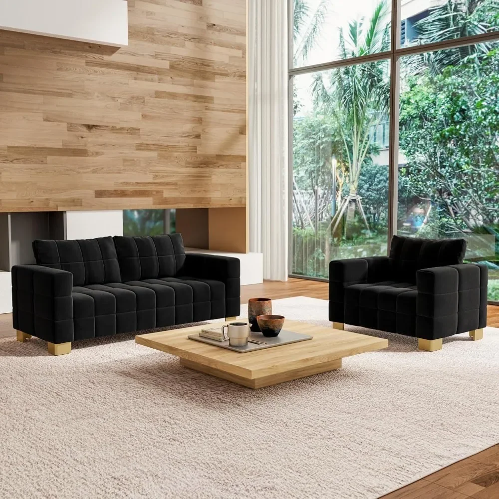 

3 Seat Tufted Chenille Sofa with Gold Metal Legs 81.89' Upholstered Couch with 2 Throw Pillows Included for Living Room Comforta