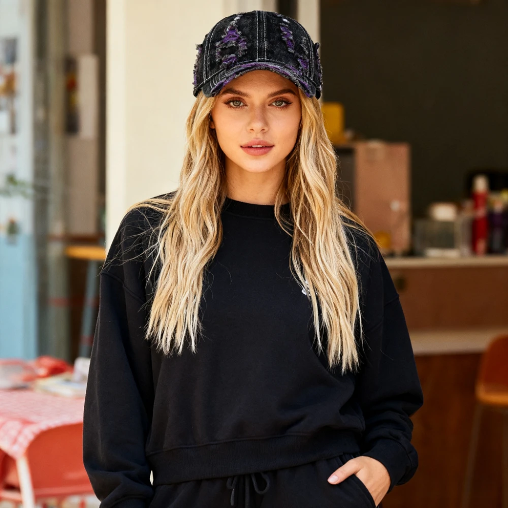 Distressed Denim Baseball Cap Ripped Vintage Style with Colorful Threads Couple Streetwear Hats Cotton Caps Fashion Daily Wear