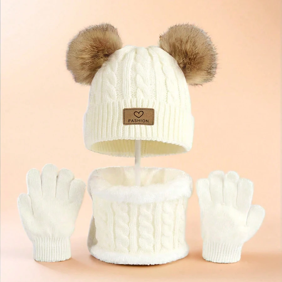 

3pcs 3-12Y European and American children's hat, scarf, and gloves three-piece set, autumn and winter new style, double ball, ba