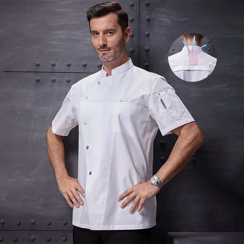 Kochen Uniform für Männer Catering Hotel Blau Atmungs Arbeitskleidung Restaurant Küche Mantel Kurzarm Bäckerei Kellnerin Overalls