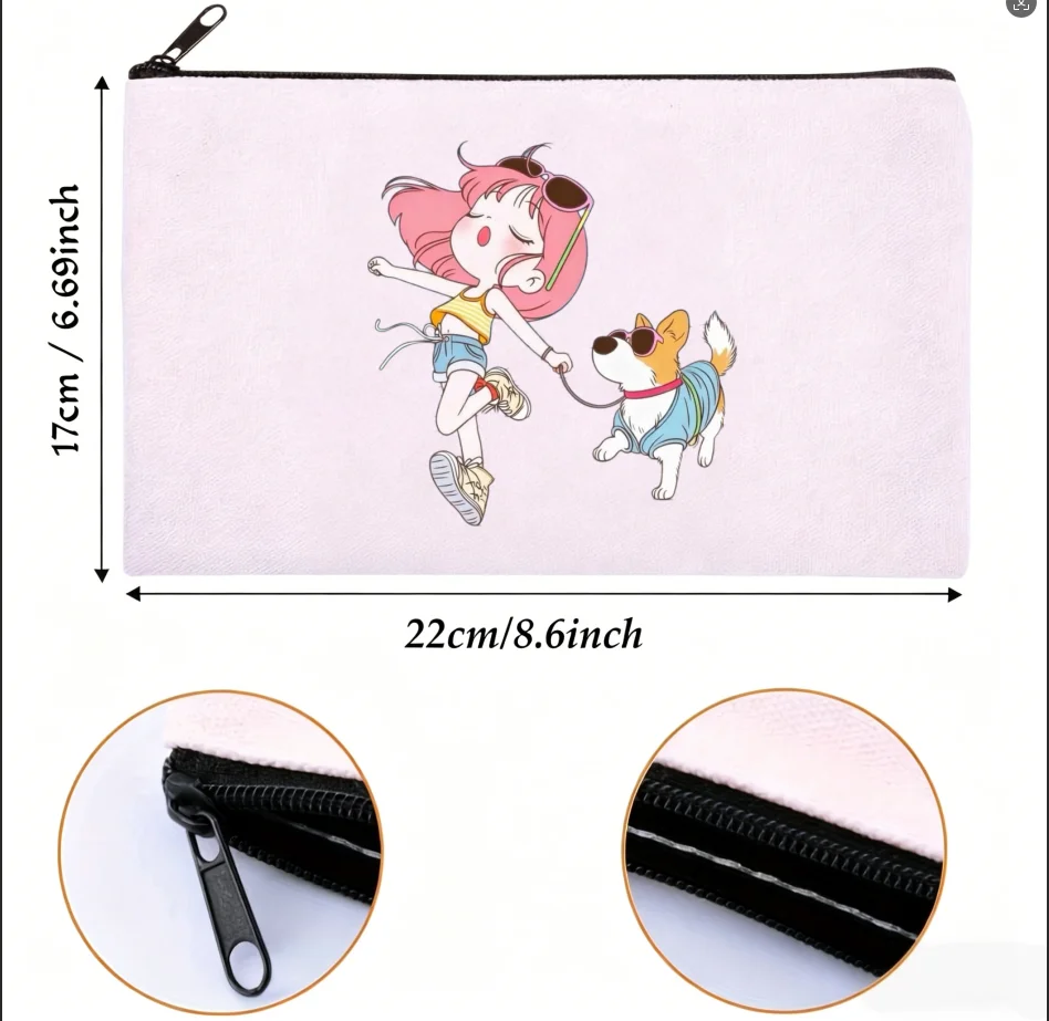 1PC Double Sided Print Pink Hair Girl Walking Corgi Dog Canvas Zipper Cosmetic Storage Pouch