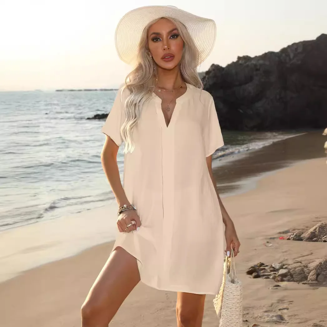 2025 Verano Casual Camisa con cuello en V Vestido Vestido de playa Ropa de mujer europea y americana