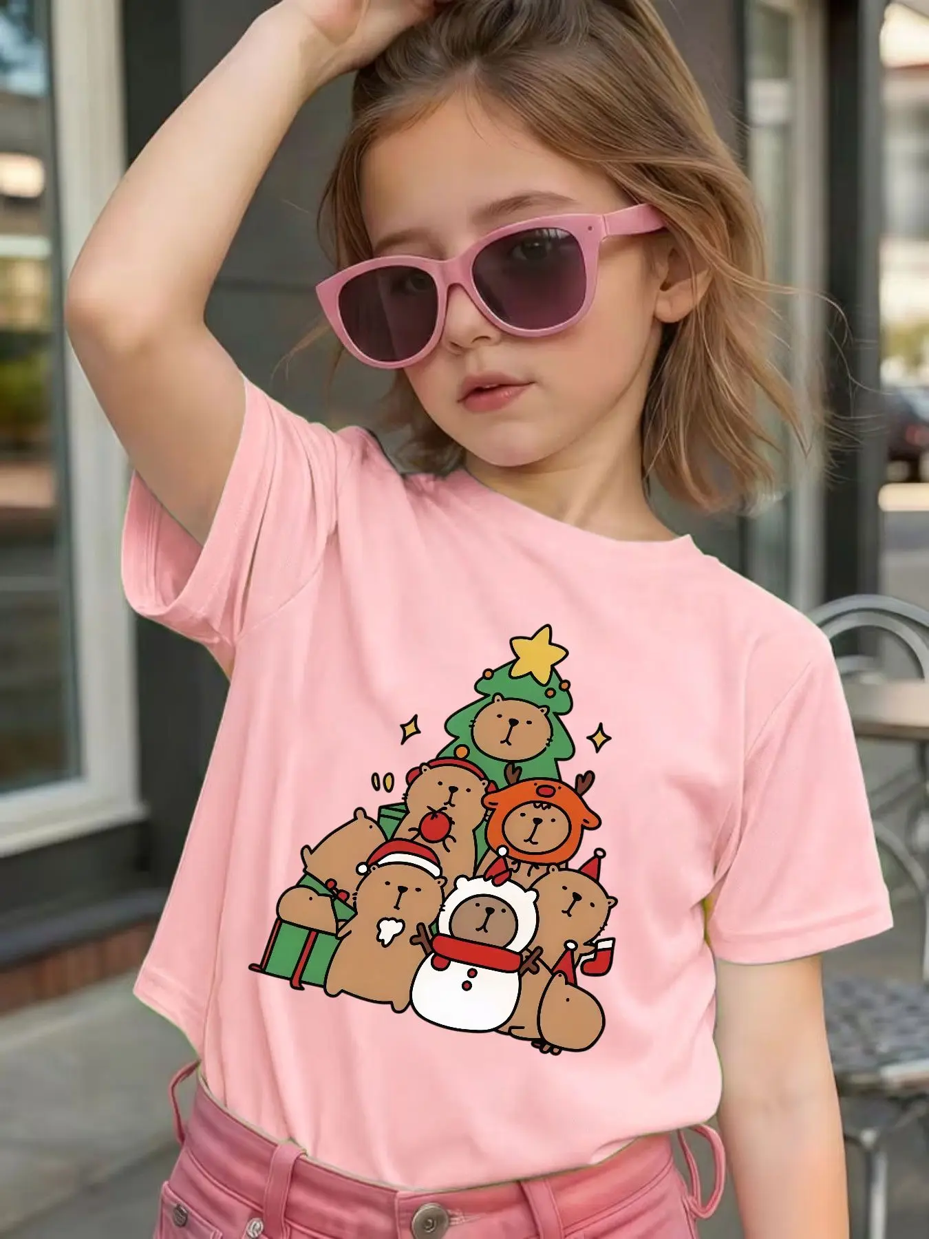 Cute Christmas Capybara Group Cartoon Graphic Kids Tee Boys Girls Family Matching Cotton Crew Neck Short Sleeve Soft Summer Tee