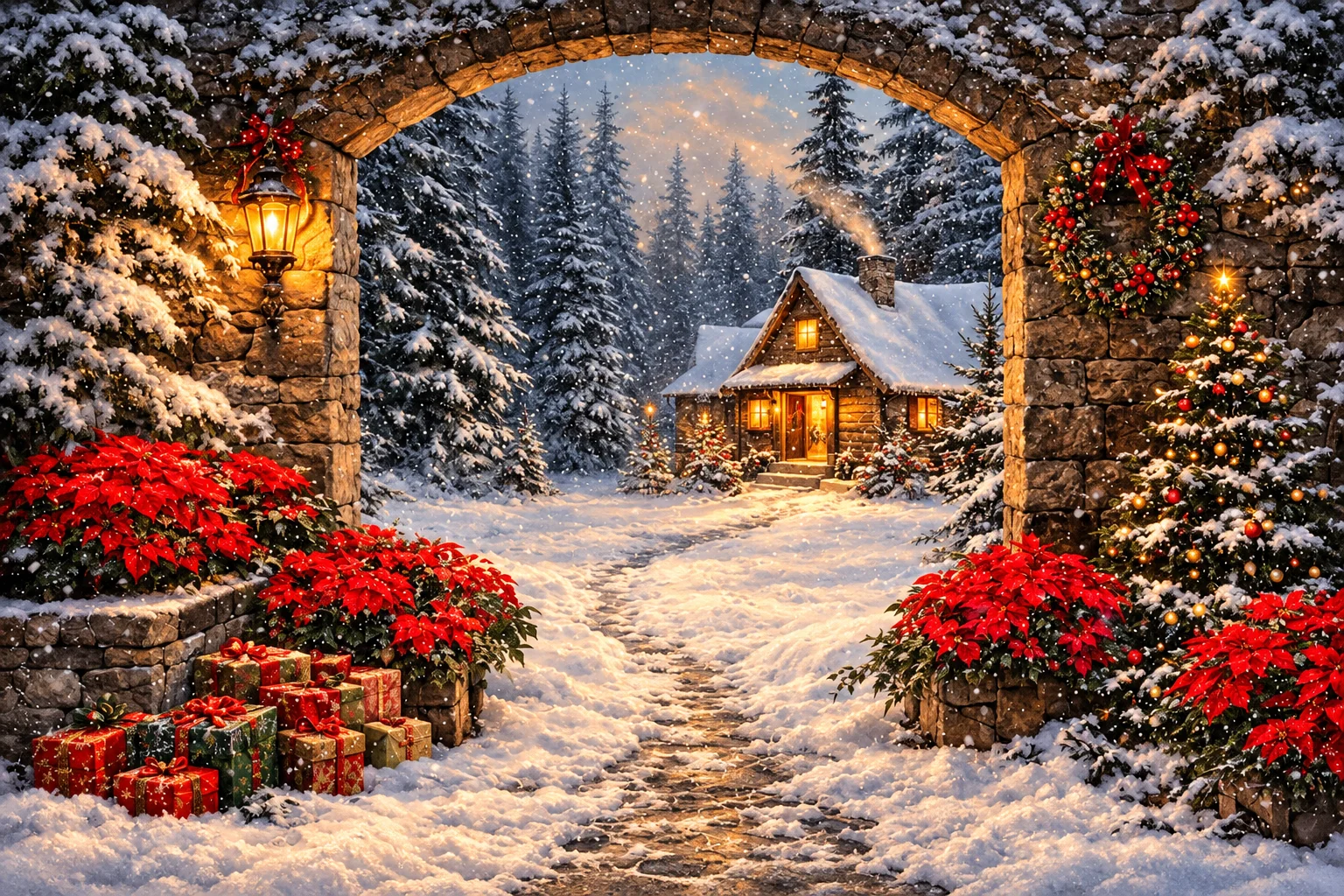 Christmas Winter Backdrop Stone Arch Snowy Cottage Poinsettia Flowers Gift Boxes Pine Trees Holiday Photography Background Decor