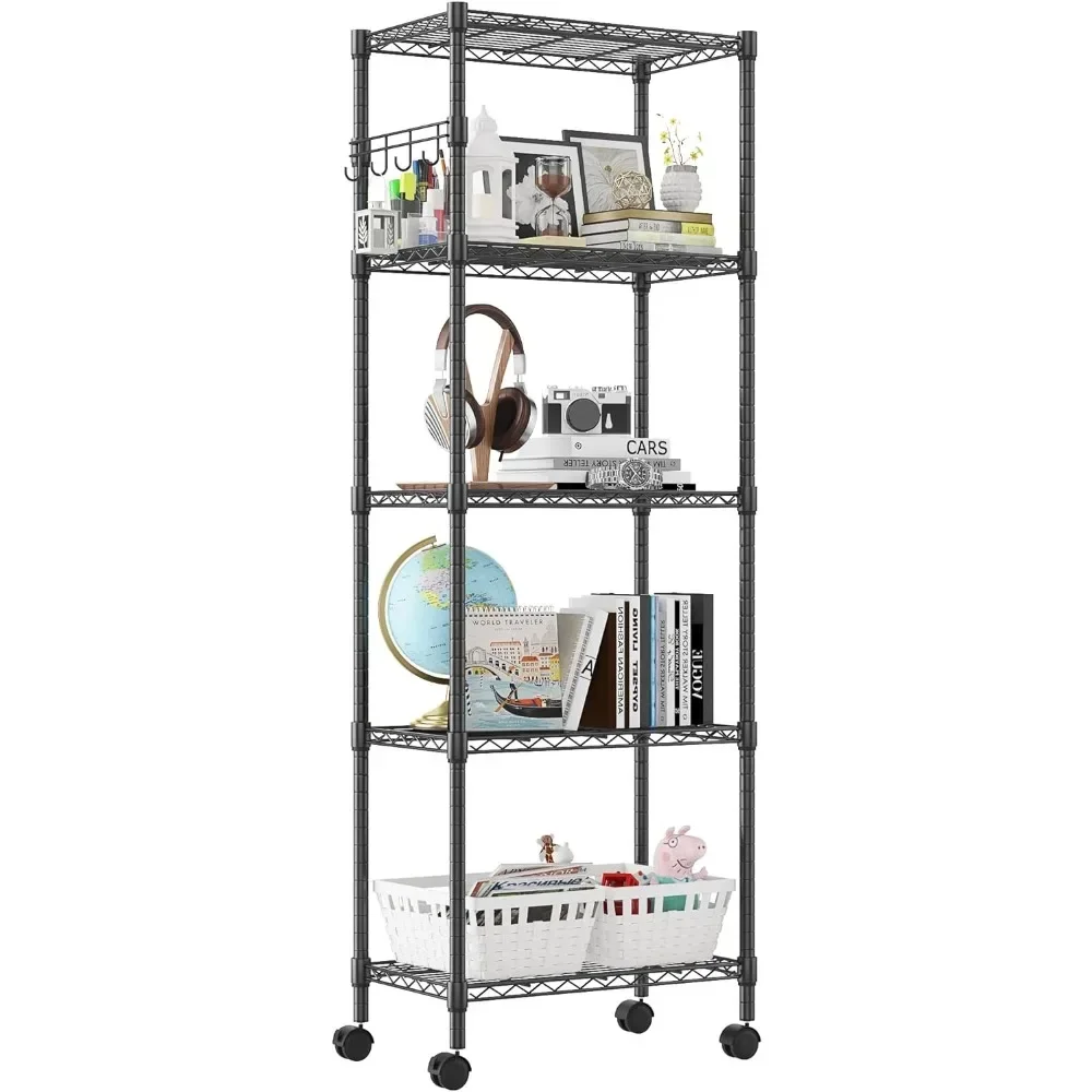 

5 Tier Wire Shelving Unit on Wheels, Adjustable Heavy Duty Rolling Metal Shelves with Side Hooks, 23.23*13.78*72.05 inch