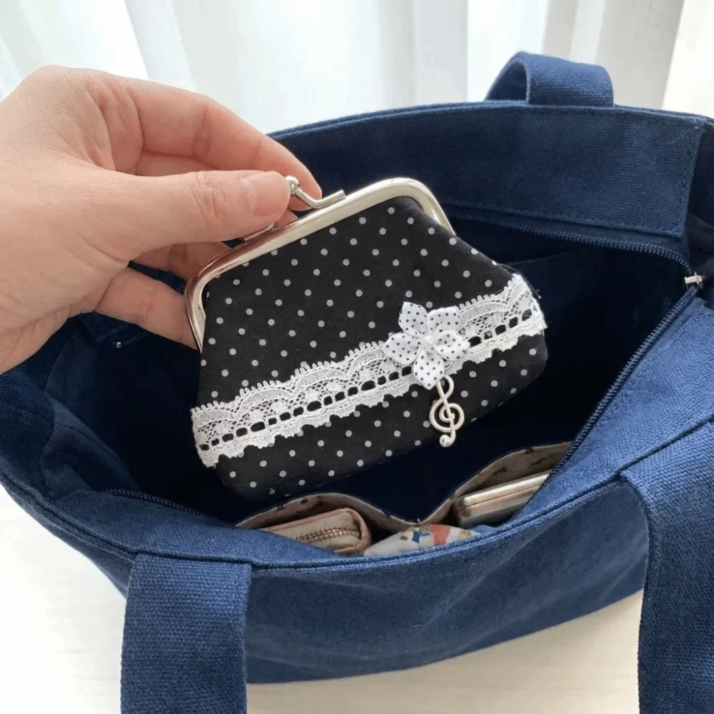 Cute Handmade Lace Polka Dot Coin Purse Rose Pattern Music Note Kiss Lock Wallet Vintage Portable Earphone Bag Lady