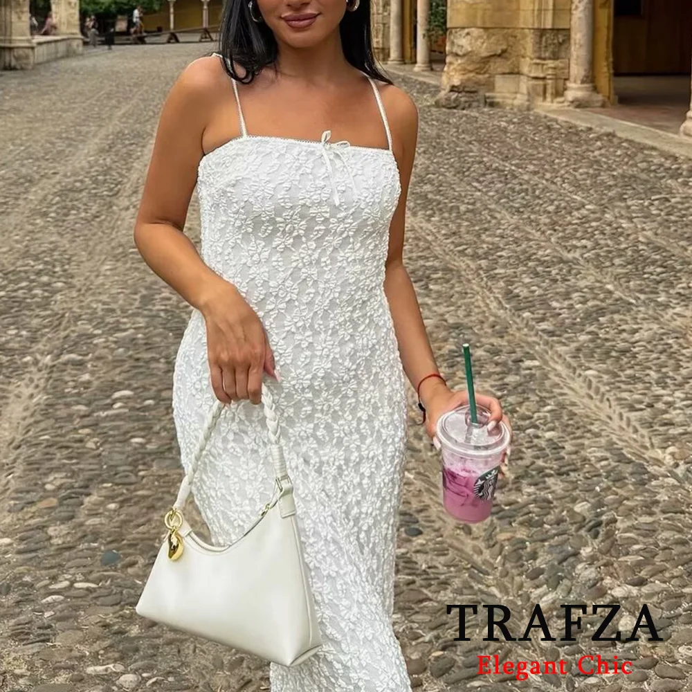 TRAFZA-Robe de Soirée Mi-longue en Dentelle pour Femme, Tenue Chic, Vintage, Couleur Unie, Col Licou, à la Mode, Camisole, Plage, ix, Vacances, Été 2024