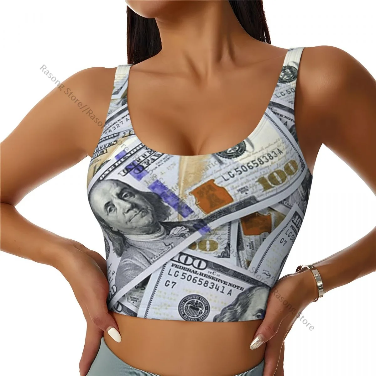 Yoga Vest Women Gym Sports Crop Tops Hundred Dollar Bill Streetwear Workout Breathable Tank Top Female