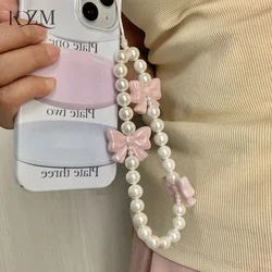 Pink Pearl Bow Phone Chain Anti-Lost Bracelet For Mobile Phone Case Wrist Strap CCD Lanyard Phone Keychain Portable Chain