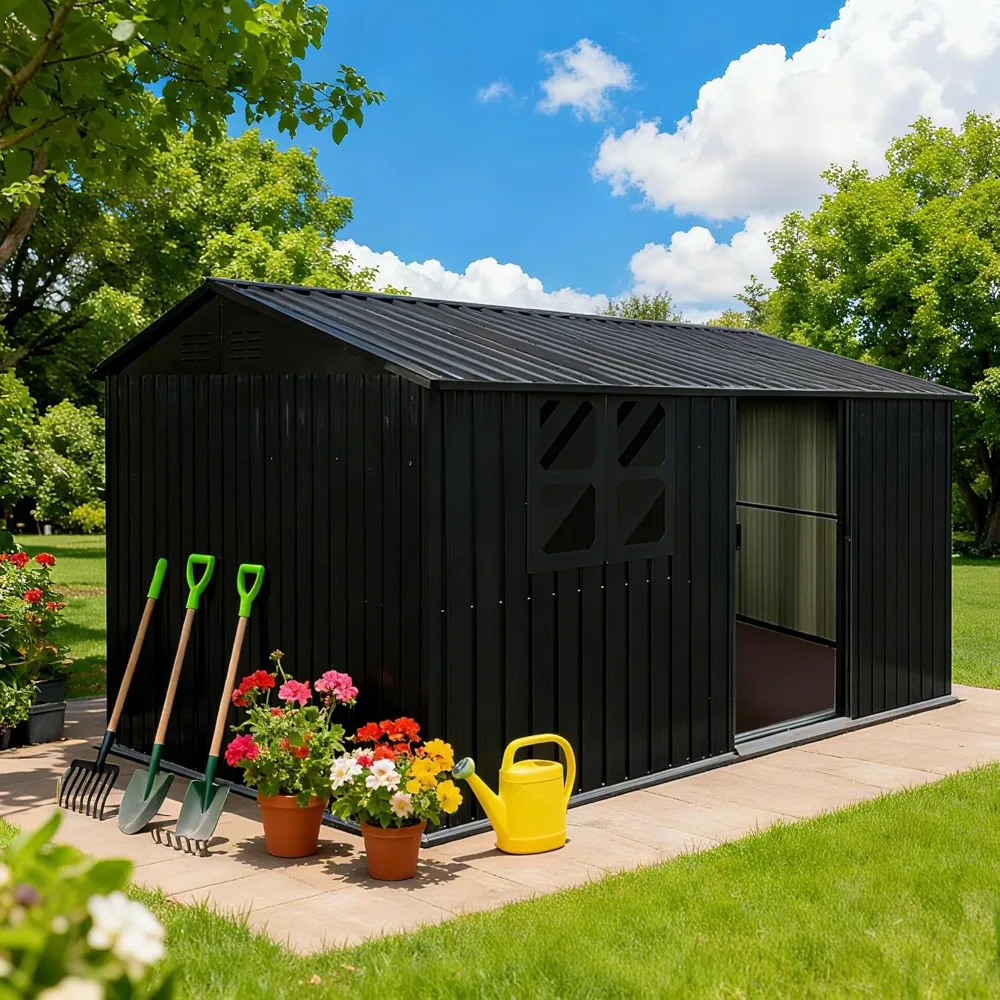 

12 x 10 FT Outdoor Storage Shed, Metal Garden Tool Shed with Slooping Roof, Lockable Doors and Windows,Patio, Lawn, Black