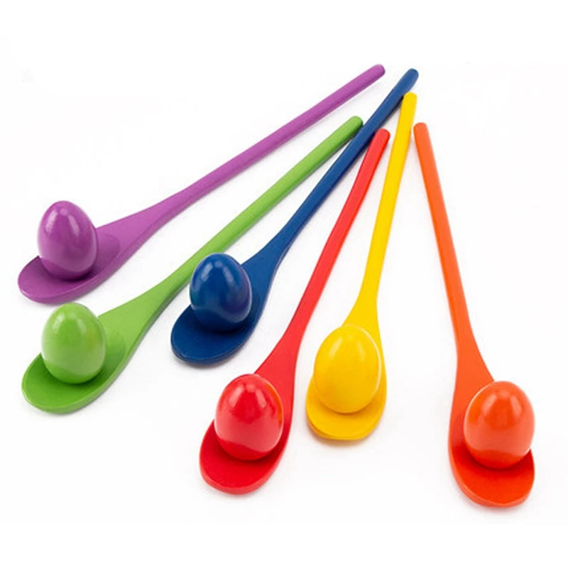 Juego de huevos y cucharas de juguete para niños, juguetes de equilibrio, 6 huevos y 6 cucharas