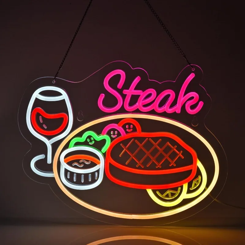 

XM Steak Neon Sign Wall Decor, Suitable for Steakhouses, Restaurants, Home Catering Shops/Trucks, Bars, USB Powered Dimmable