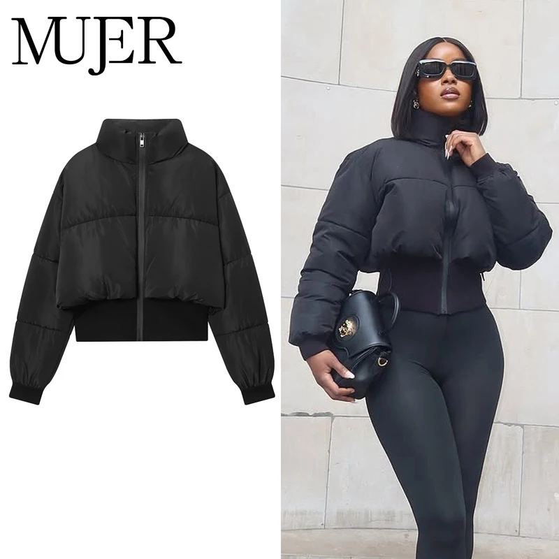 

MUJER черная укороченная женская куртка стеганые куртки-бомберы для женщин стеганая куртка на молнии женские теплые зимние женские пальто верхняя одежда