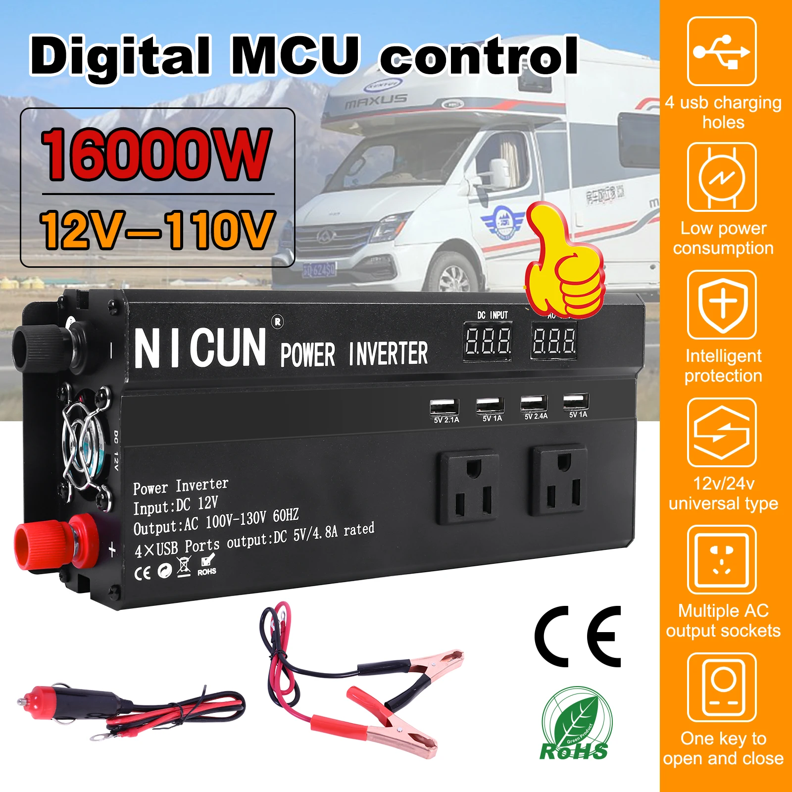 6000W Car Power Inverter DC 12V To AC 110V 60Hz Sine Wave Solar Power Converter LCD Screen Display Fast Charging