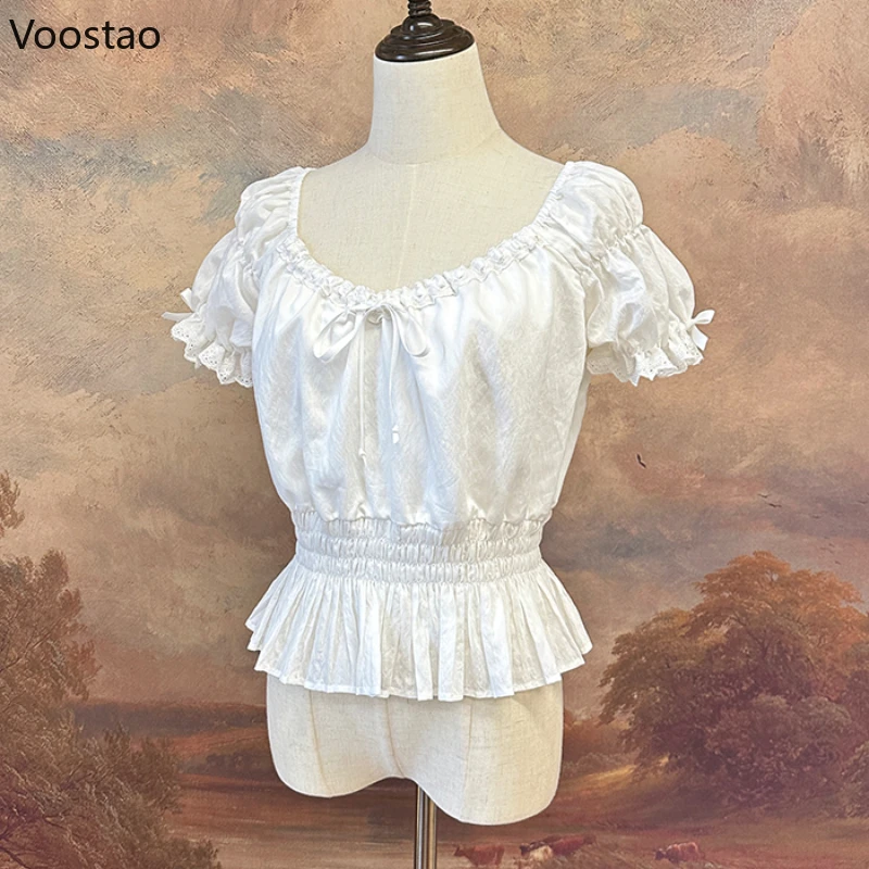 Vintage Sweet Lolita Blouses Women Cute Bow Lace Ruffles Puff Sleeve Slim Undershirt Girls Gothic Kawaii Shirt Crop Tops Summer