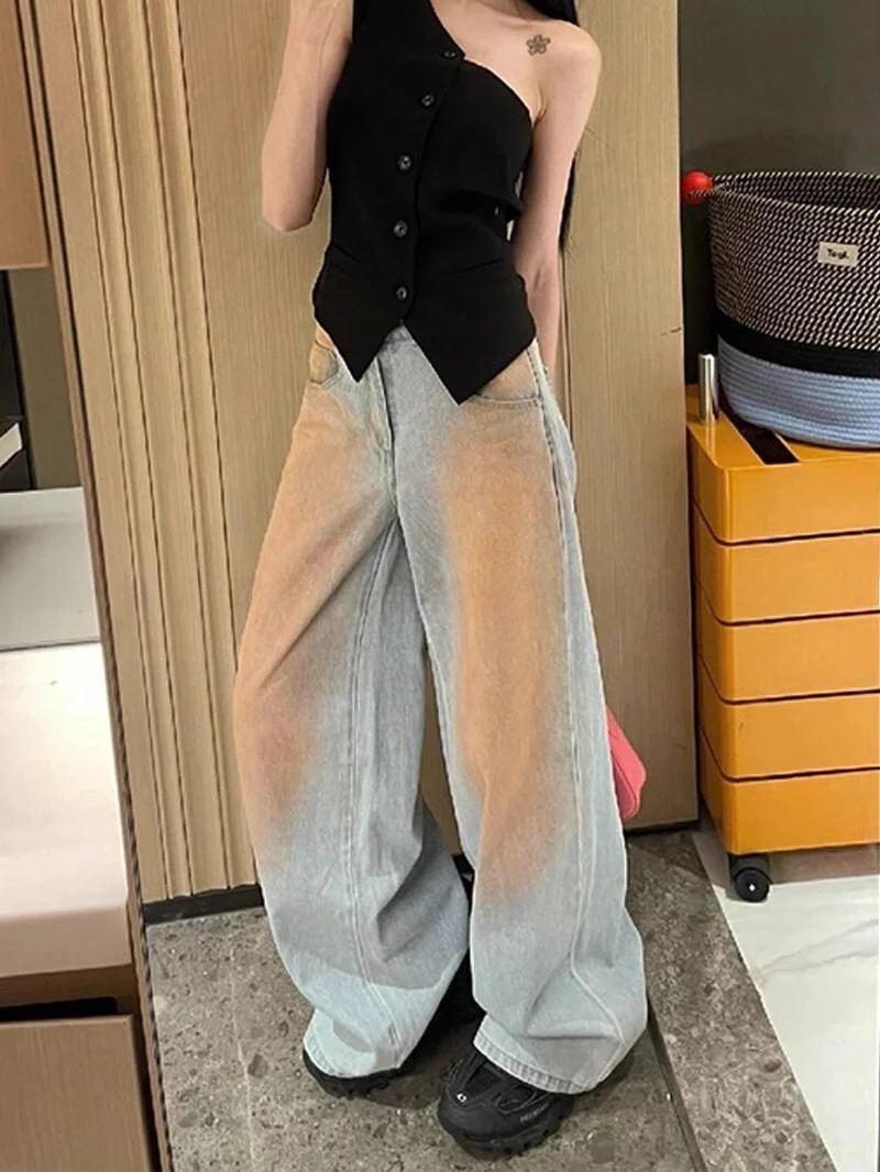 

American Style Wide Leg Denim Jeans Women's Lazy Style Summer Vintage Color Block Tie Dye Loose Straight Floor Length Pants