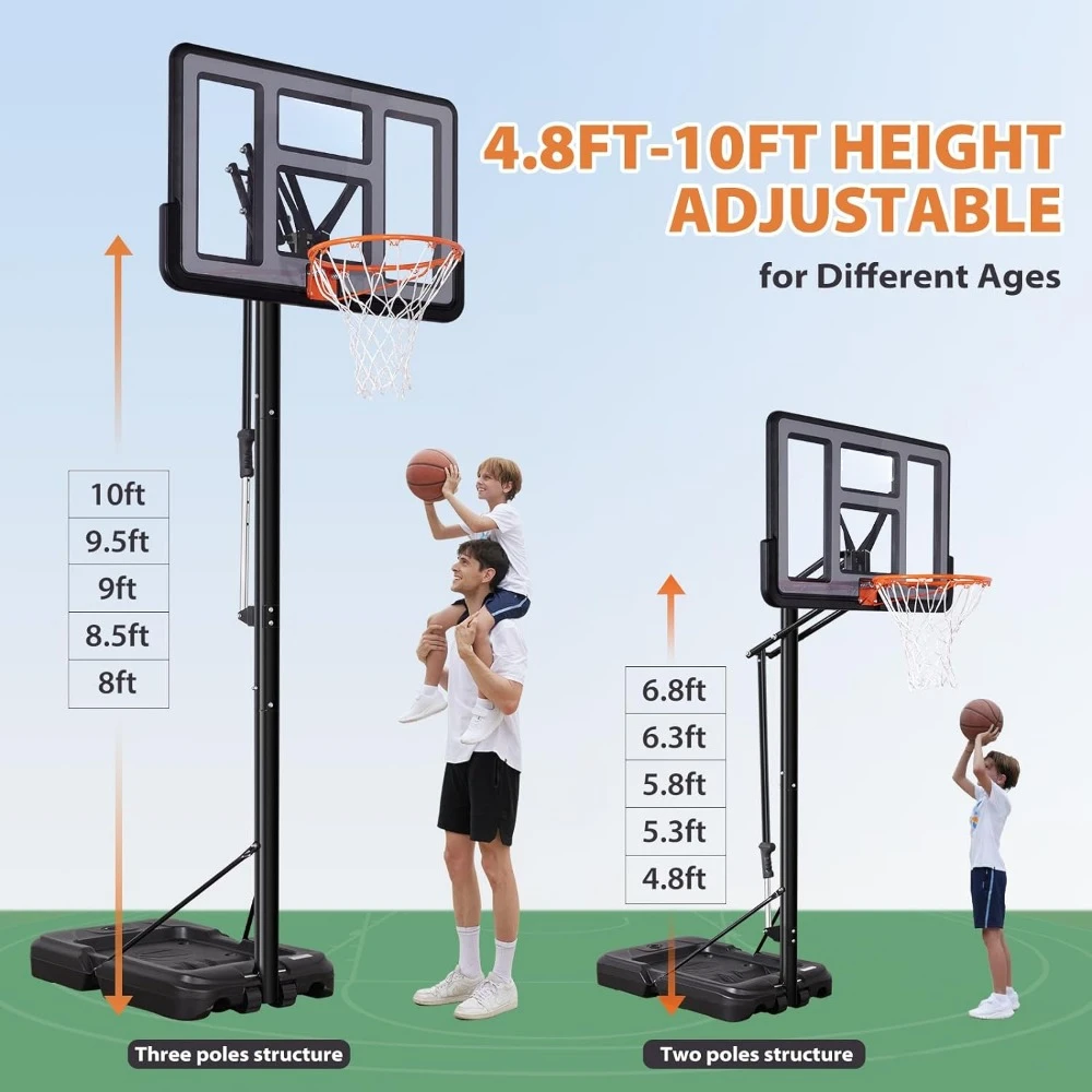 Portable Basketball Hoop Outdoor, 4.8-10FT Height Adjustable Basketball Hoop with 44 Inch Impact Backboard and Portable Wheels