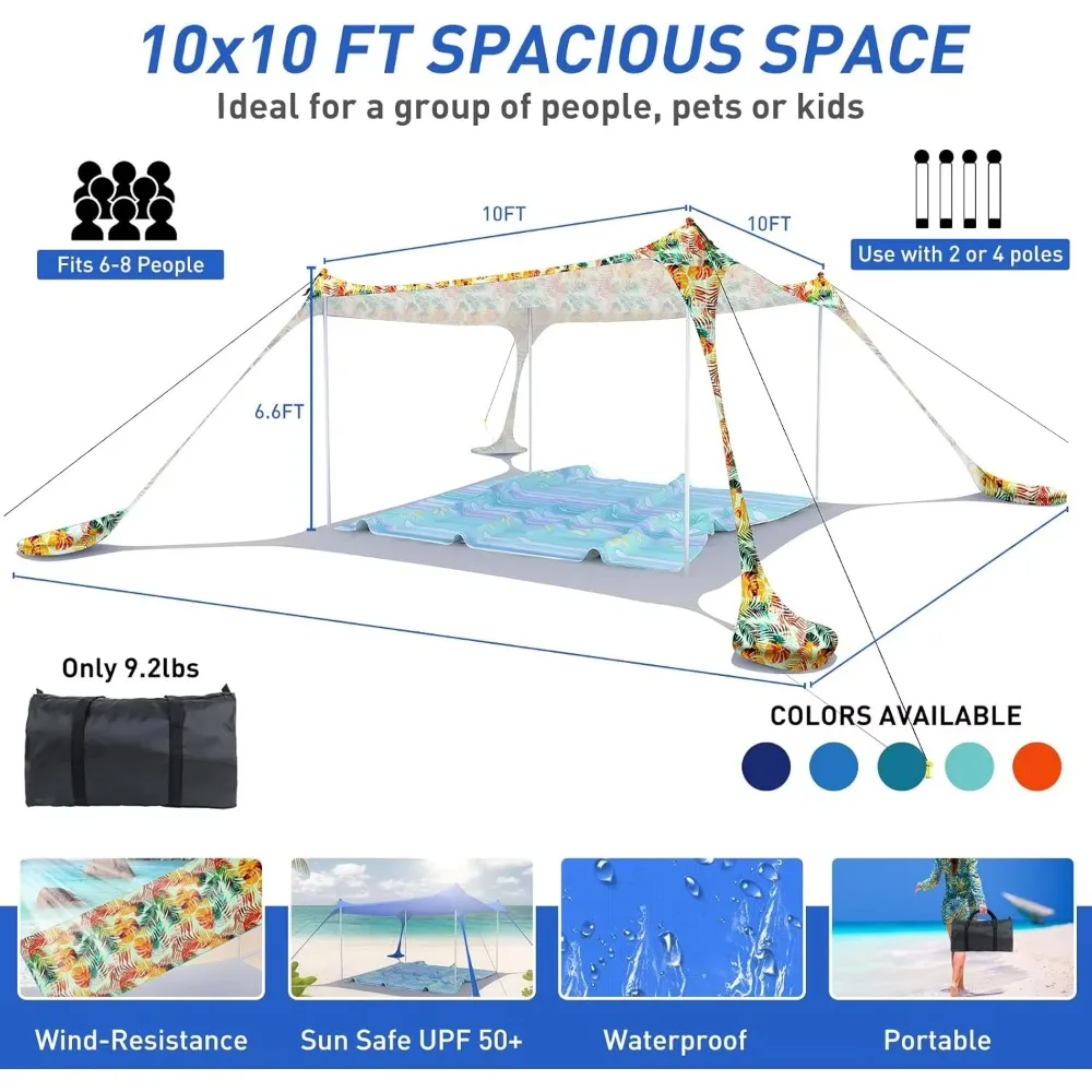مظلة منبثقة UPF50+ 4 عمود تثبيت/حقيبة حمل/حبل مصدات الرياح محمول في الهواء الطلق مظلة عائلية للتخييم والشاطئ وصيد الأسماك والنزهة