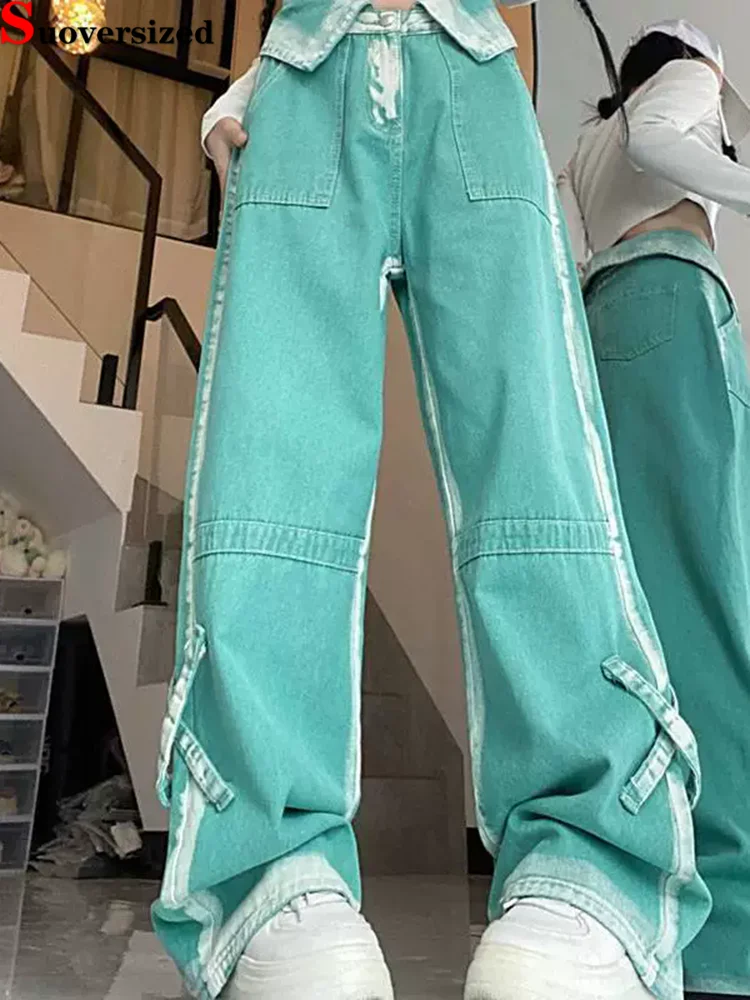 

Винтажная уличная одежда, откидные джинсы, мешковатые модные широкие потертые брюки Vaqueros, женские повседневные прямые свободные джинсовые брюки-карго в стиле ретро
