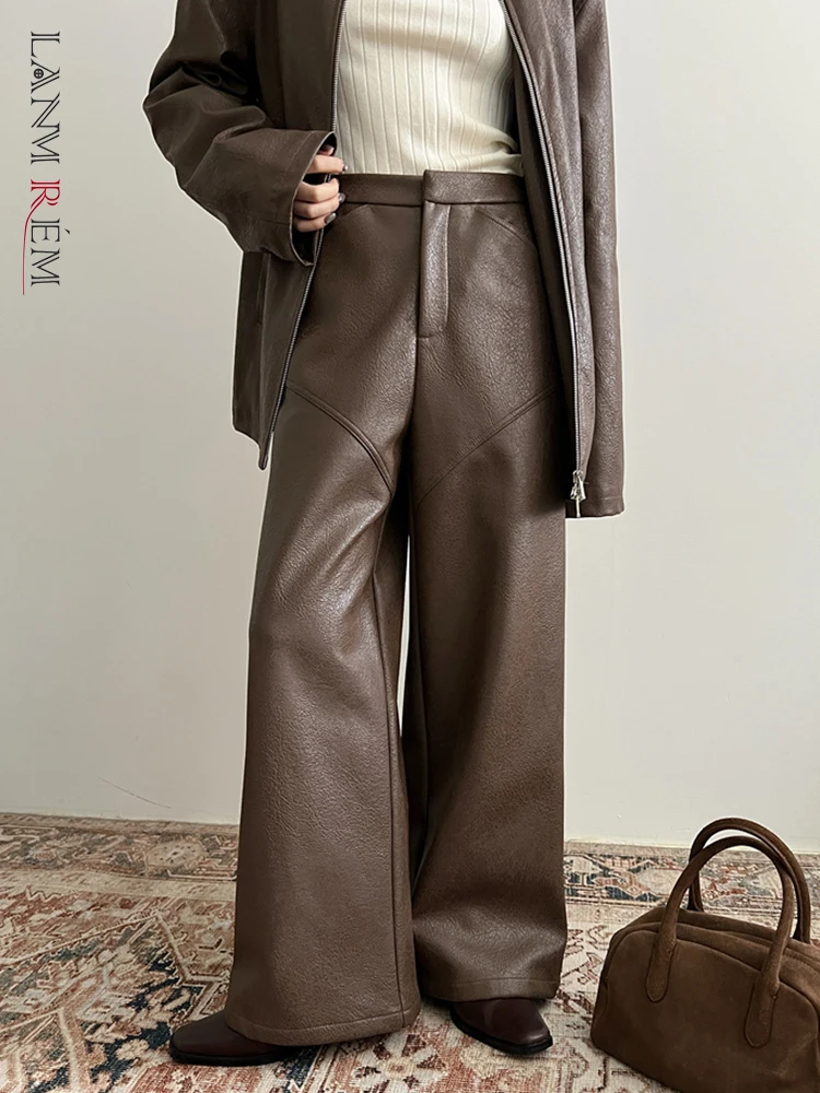 

[LANMREM] Vintage Spliced Design Leather Pants Women's High Waist Straight Wide Leg Trousers Office Lady 2024 Winter New 26C1451