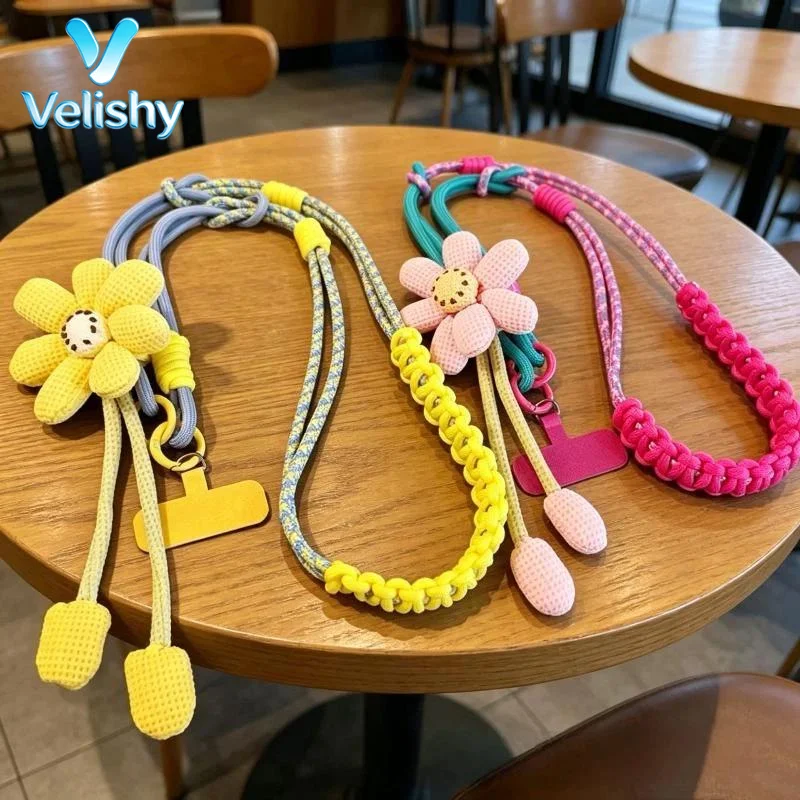 1Pcs Cute Flower Decor Adjustable Phone Lanyard Durable Braided Strap For Daily Outing Shopping Travel Anti Lost Accessory