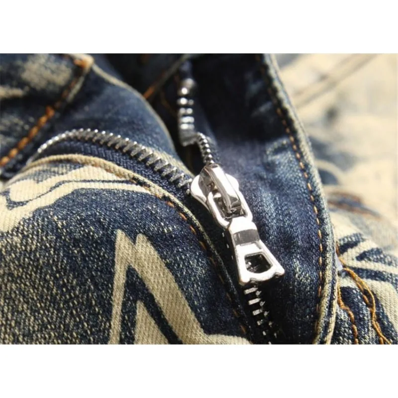 Men's Clothing Retro Nostalgic Knee Ripped Print Jeans Trendy Brand Distinctive Elastic Slim Fit Small Feet Baggy Jeans