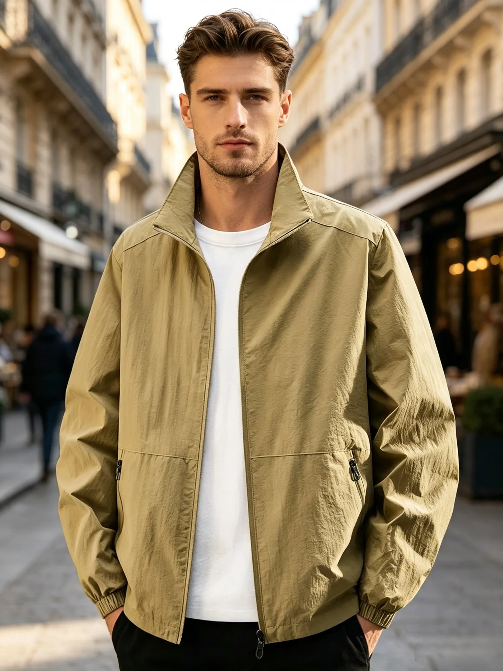 Men Stand Collar Zip Up Jacket Lightweight Casual Loose Fit Jacket Outdoor Daily Wear Windbreaker Coat For Spring & Autumn