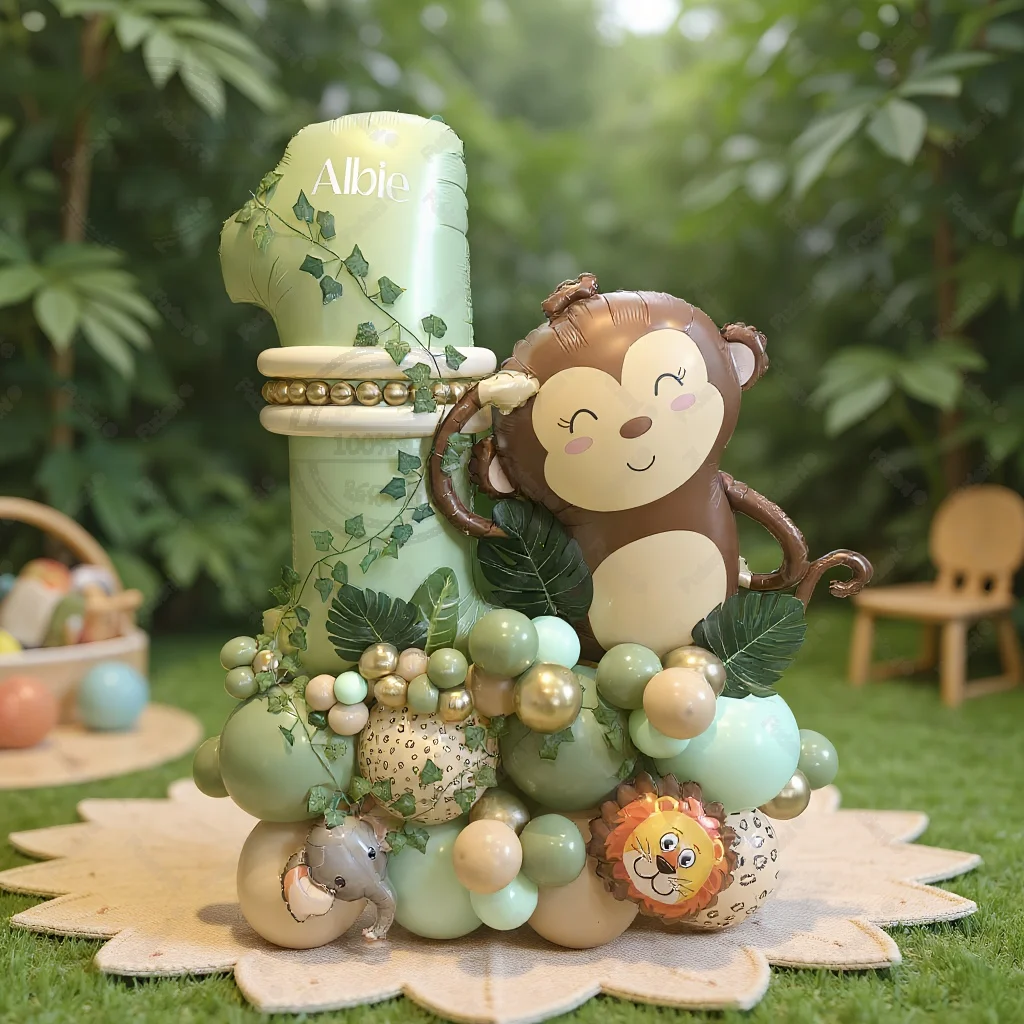 51Pcs Dschungel Affe Löwe Ballon Grün Nummer 1-9 Junge Geburtstag Party Dekoration Schildkröte Zurück Blatt Dschungel Dekoration liefert