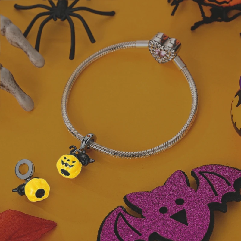 2024 New 925 Sterling Luminous Halloween Skull Witch Pumpkin Candy Charms Beads Fit 3mm Original Bracelets DIY Party Jewelry