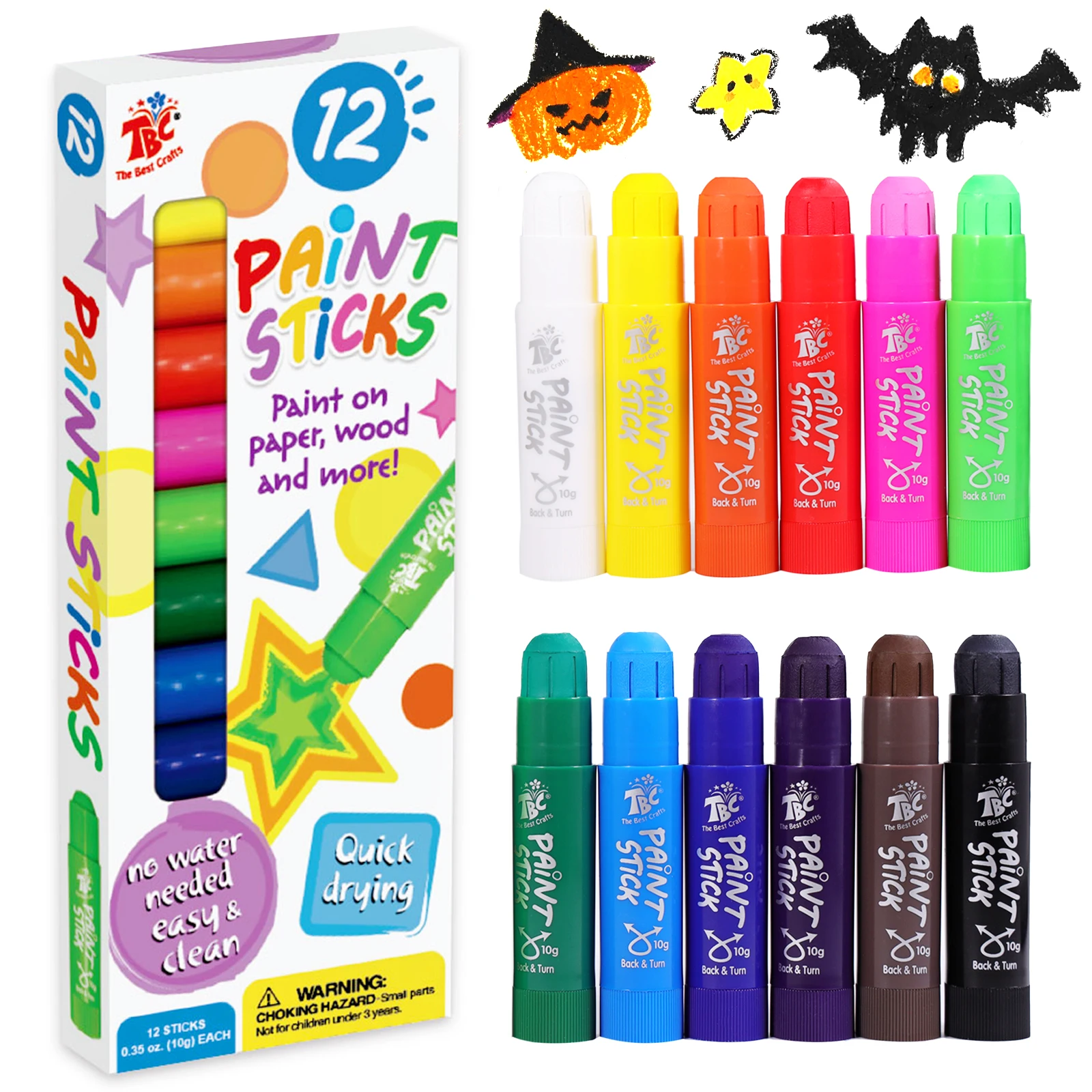 TBC The Best Crafts Paint Sticks for Kids Ages 2-8, 12 Classic Colors Washable, Non-toxic, Tempera Paint Sticks for Crafts, Art Supplies, and Birthday Gifts