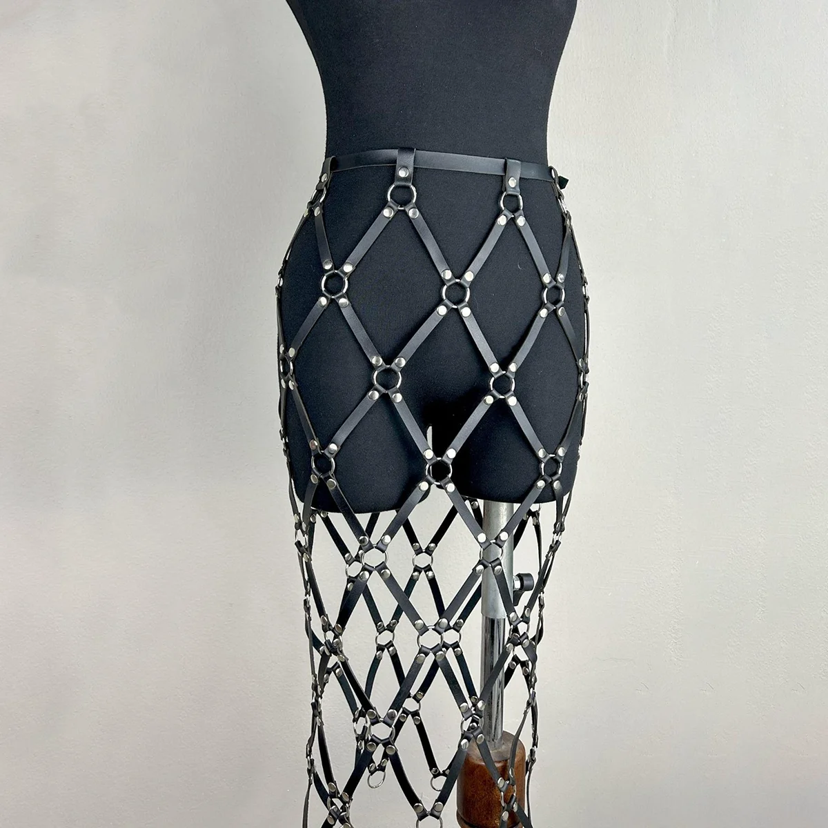 Handmade PU Leather With Ring Skirt,  Adjustable Cage Netting Design Skirt With Tassels, Pu Leather Skirt Harness, Rave Outfit.