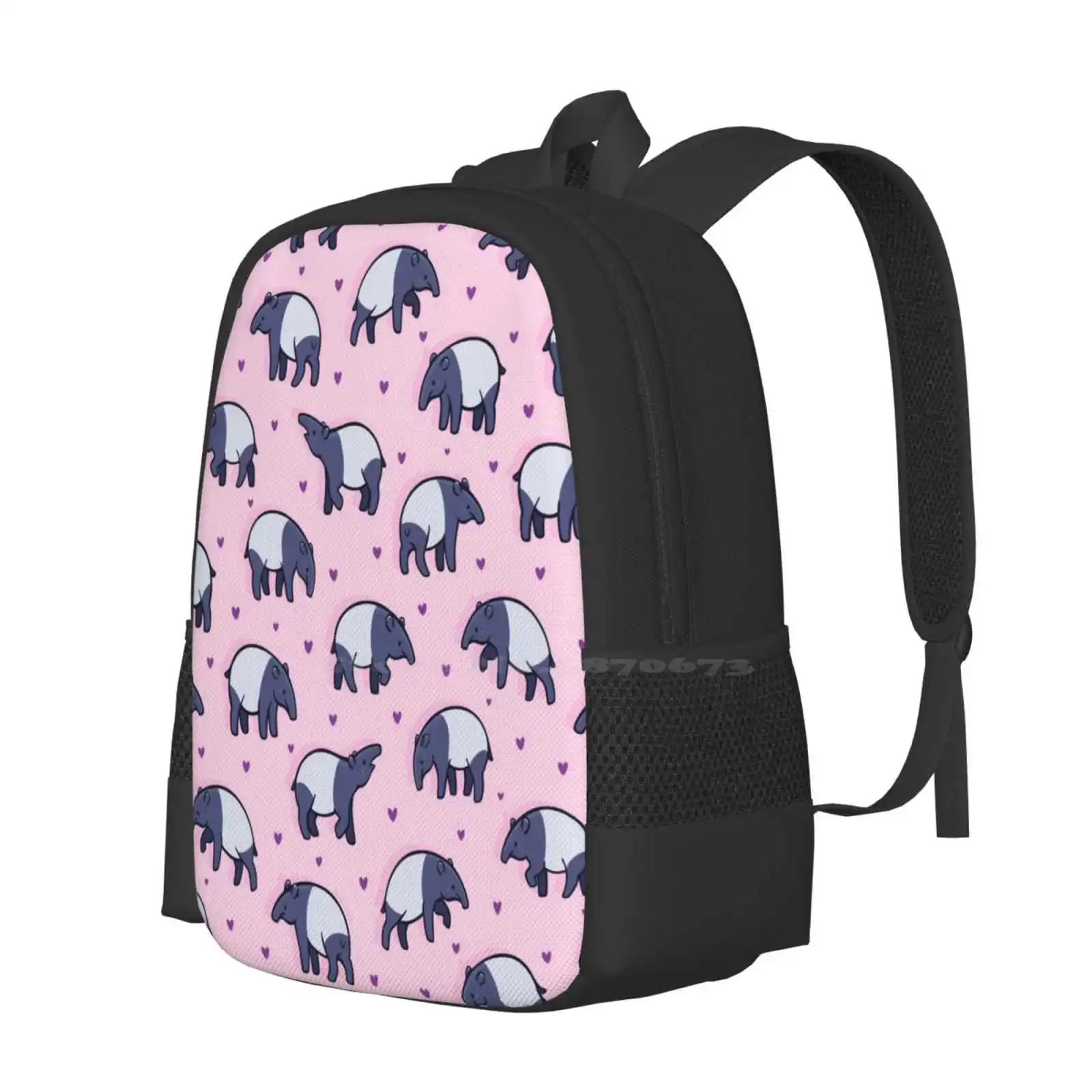 Tiny Tapirs School Bags Travel Laptop Backpack Tapirs Patterns Cute Cartoon Animals Pink Hearts Tapirus