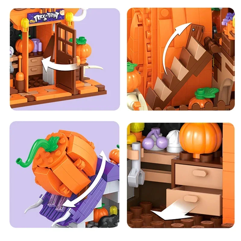 Blocos de Construção de Desenhos Animados para Crianças, Modelo de Casa Abóbora, Bonito Halloween Gift, Brinquedo Educativo, Decoração