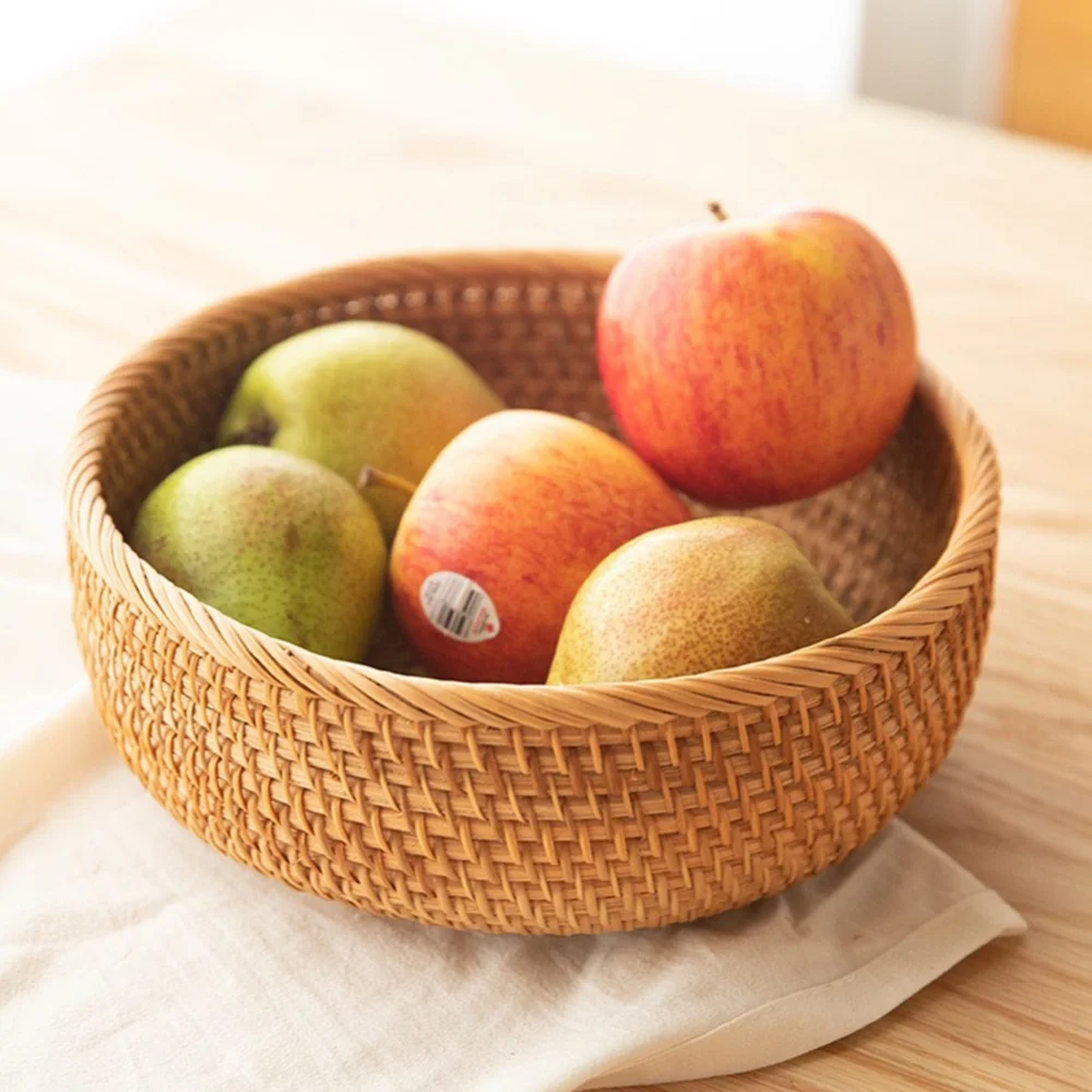 Round Handwoven Rattan Storage Baskets Natural Food Woven Tray Box Home Living Room Dinner Table Snack Fruit Vegetable Basket