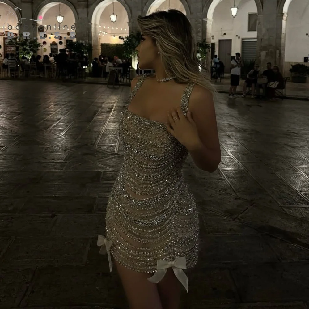 BABYONLINE Korte feestjurken voor dames Op maat gemaakte glanzende kralen spaghettibandjes A-lijn فسات Mohamed 1914 Sexy strandjurk