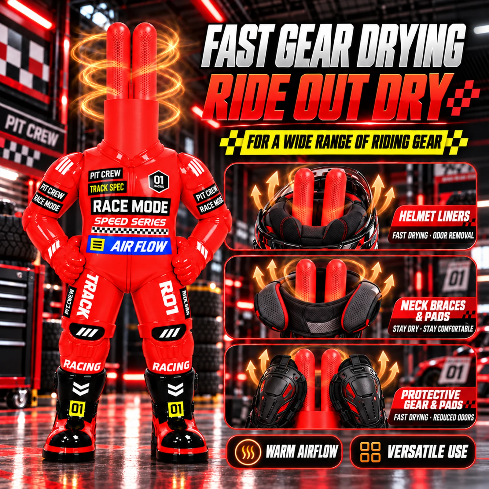 Racing Figure Helmet & Glove Dryer Warm Air Disinfect Deodorize Smart Timer Motorbike Riding Gear Dryer Stylish Desk Decor